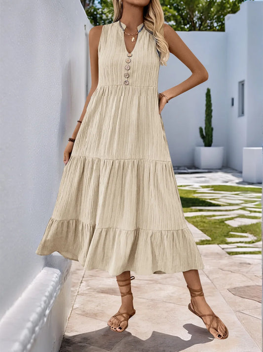 Notched Sleeveless Midi Tiered Dress Tan