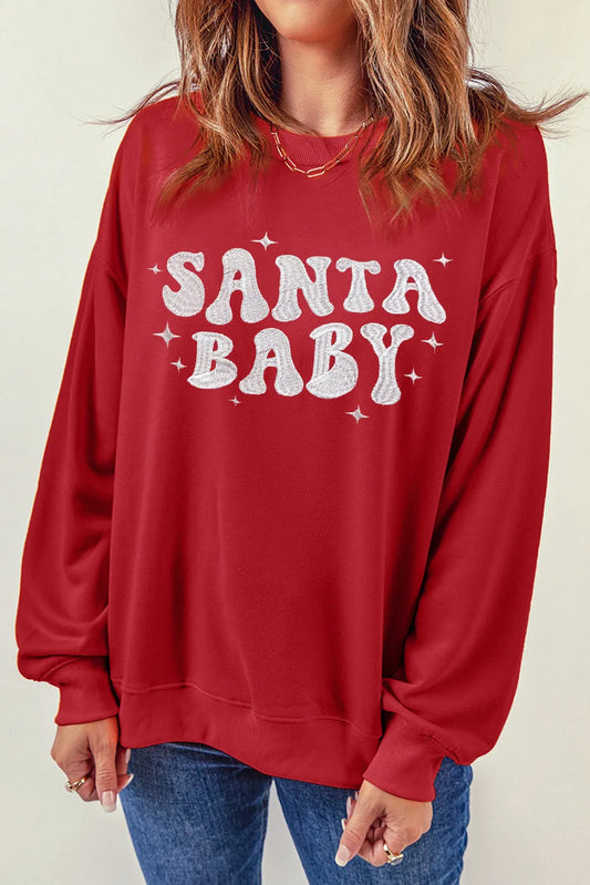SANTA BABY Round Neck Long Sleeve Sweatshirt Deep Red