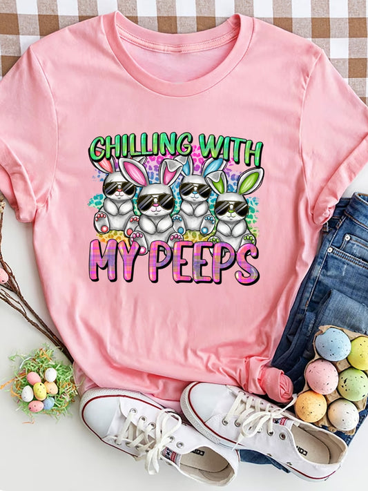 CHILLING WITH MY PEEPS Round Neck T-Shirt Blush Pink