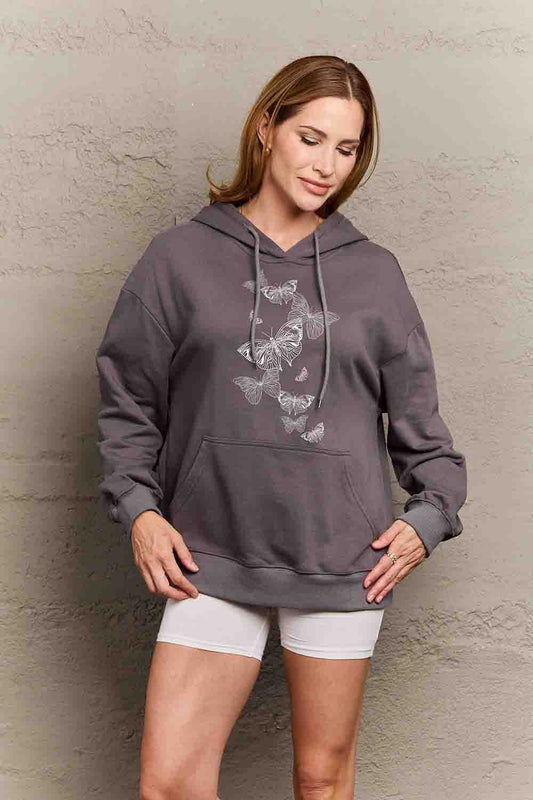 Simply Love Simply Love Full Size Dropped Shoulder Butterfly Graphic Hoodie Dark Gray