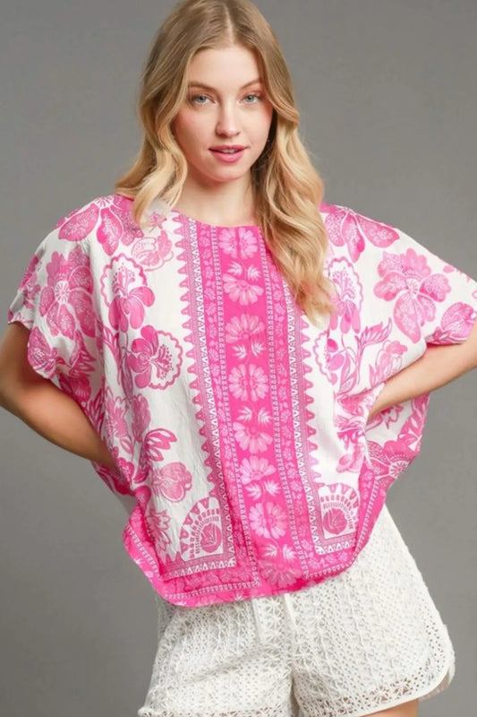 Umgee Full Size Floral Border Print Oversized Top Plus Size Hot Pink