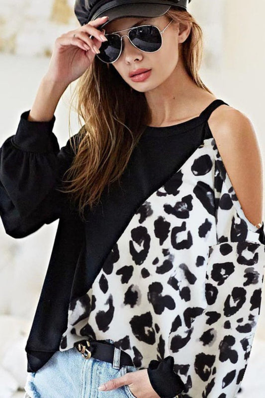 BiBi French Terry Leopard Cold Shoulder Top Black