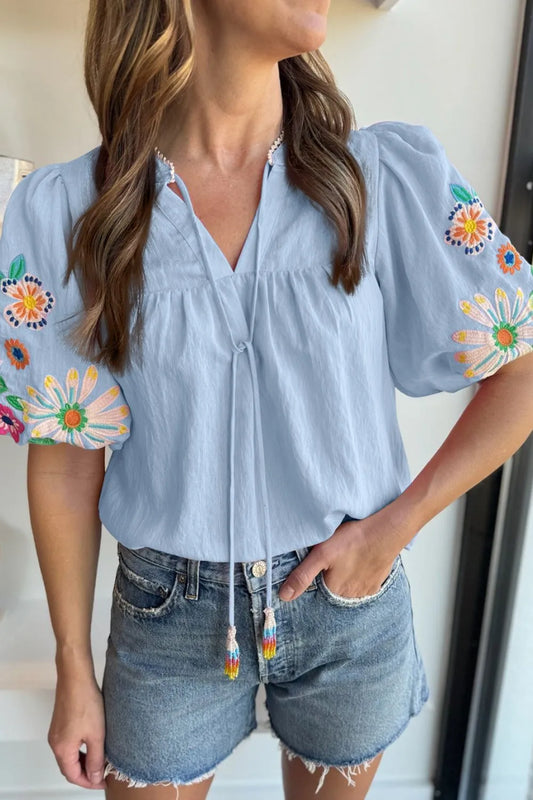Embroidered Tie Neck Short Sleeve Blouse Light Blue