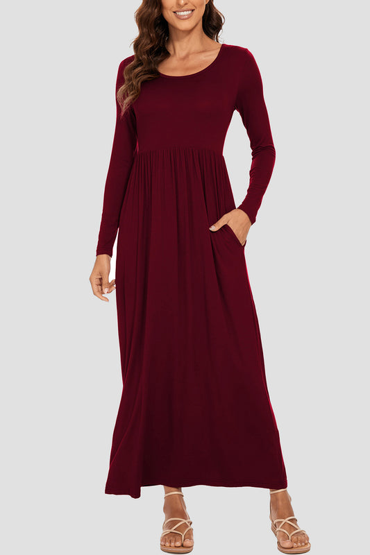 Round Neck Long Sleeve Pocketed Maxi Dress Burgundy