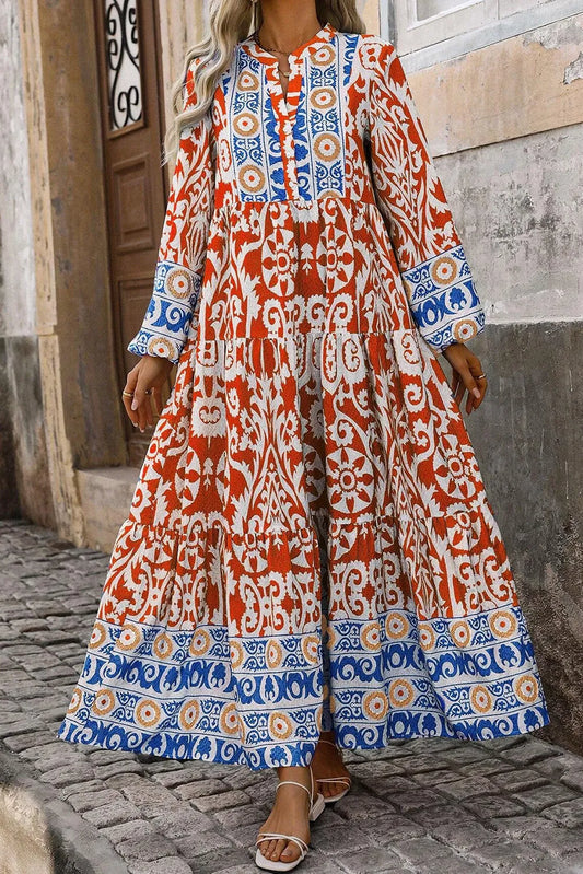 Printed Notched Long Sleeve Maxi Dress Orange
