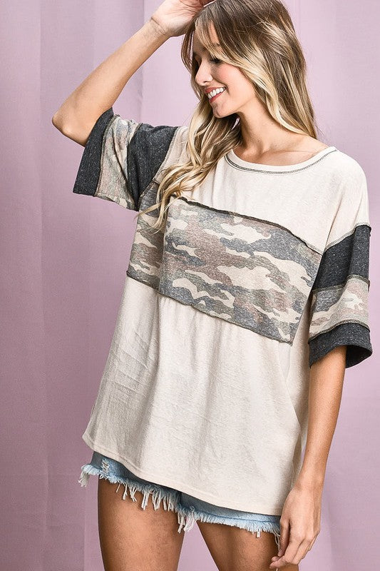 BiBi Triblend Knit Out Stitching Color Block Camo Top
