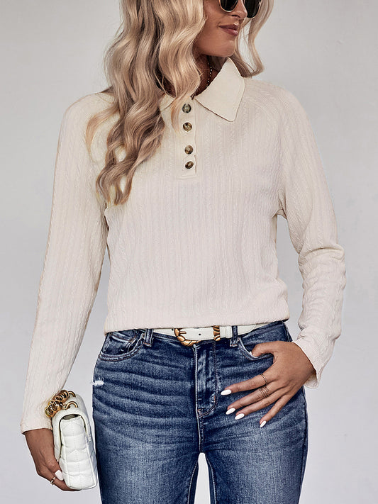 Perfee Collared Neck Buttoned Long Sleeve Top Ivory