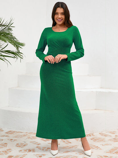 Ruched Round Neck Long Sleeve Dress Dark Green