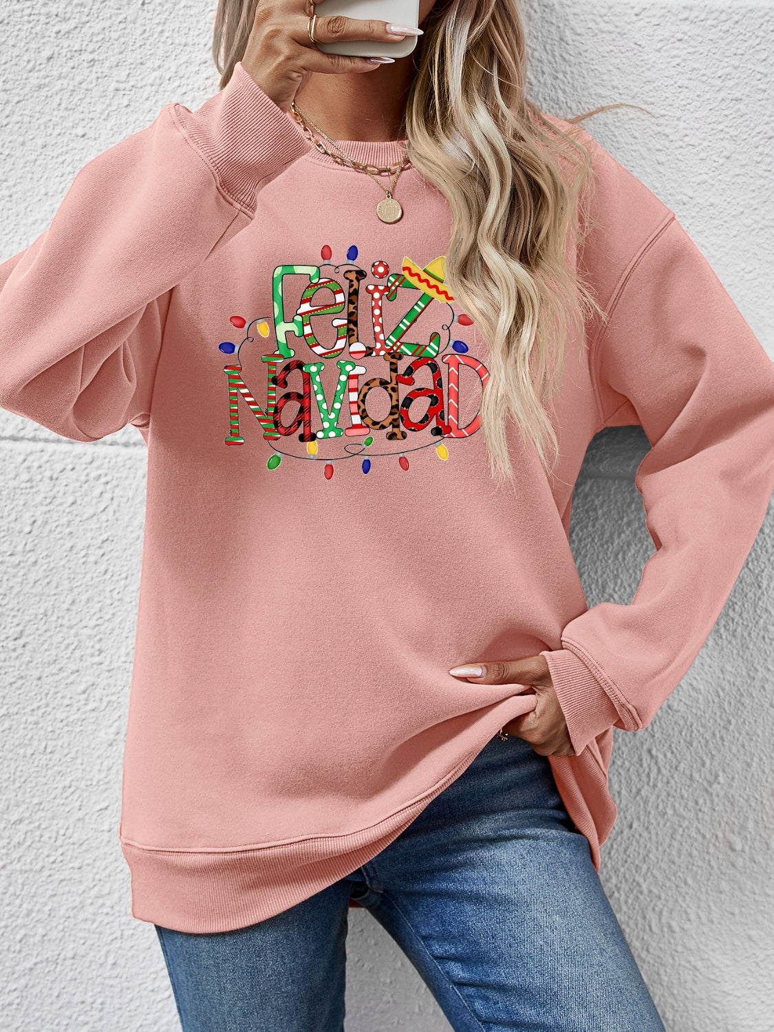 FELIZ NAVIDAD Round Neck Drop Shoulder Sweatshirt Blush Pink