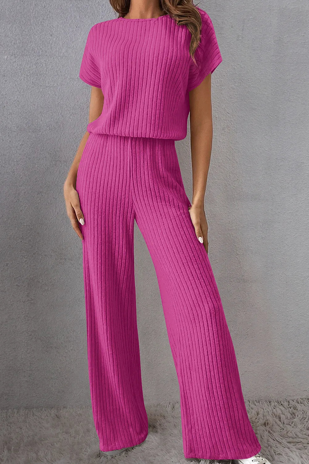 Round Neck Short Sleeve Jumpsuit Hot Pink
