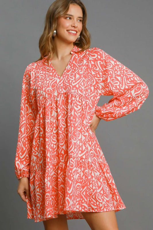 Umgee Full Size Two Tone Print Balloon Sleeve Tiered Dress Plus Size CORAL MIX