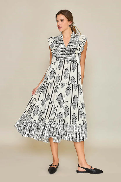 Umgee Full Size Boarder Print Midi Dress Plus Size CREAM BLACK