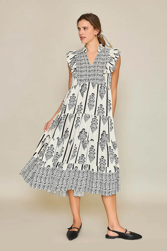 Umgee Full Size Boarder Print Midi Dress Plus Size CREAM BLACK