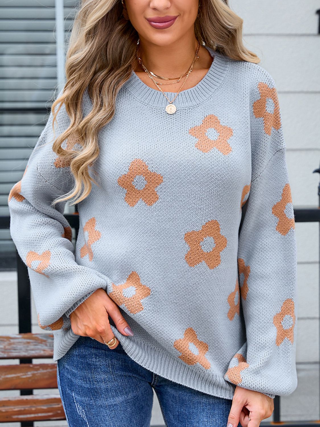 Angel Wings Flower Round Neck Dropped Shoulder Sweater Gray