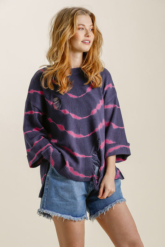 Umgee Full Size Tie Dye Side Slit Round Neck Distressed Detail Sweater Plus Size NAVY FUCHSIA