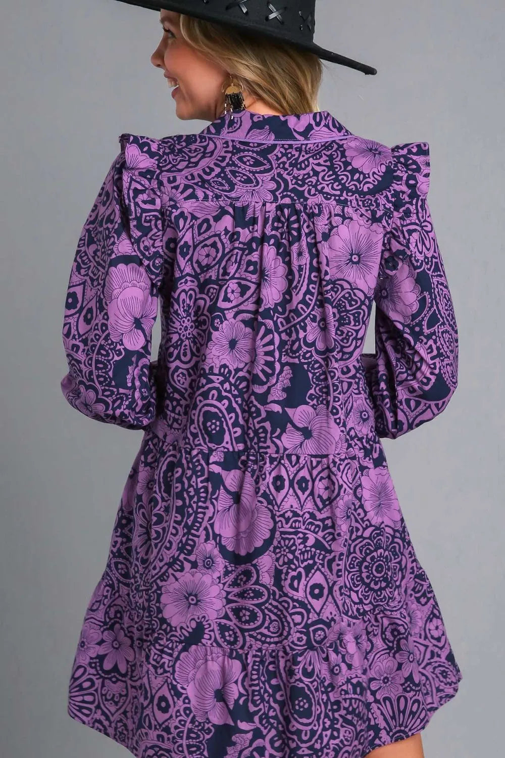 Umgee Full Size Ruffled Printed Piping Detail Long Sleeve Dress Plus Size