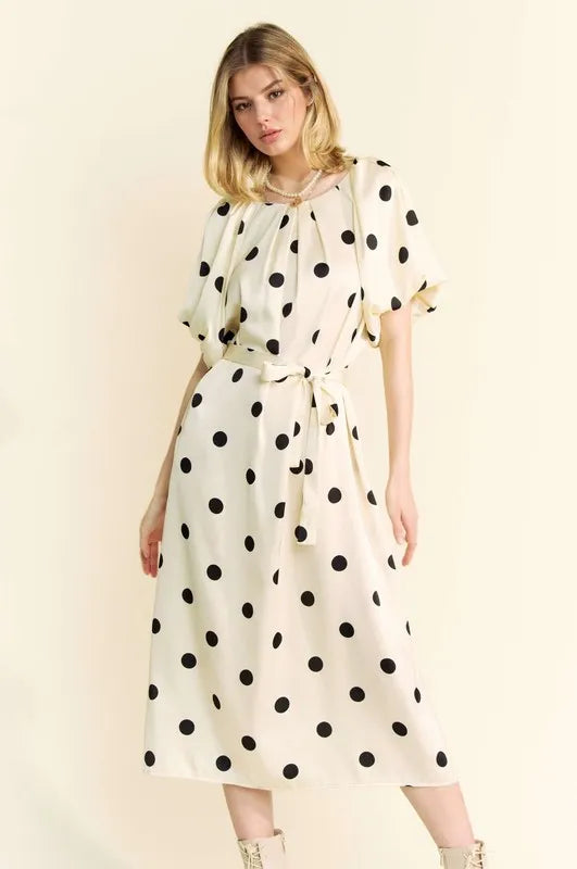 Davi & Dani Polka Dot Puff Sleeves Waist Tie Midi Dress Cream