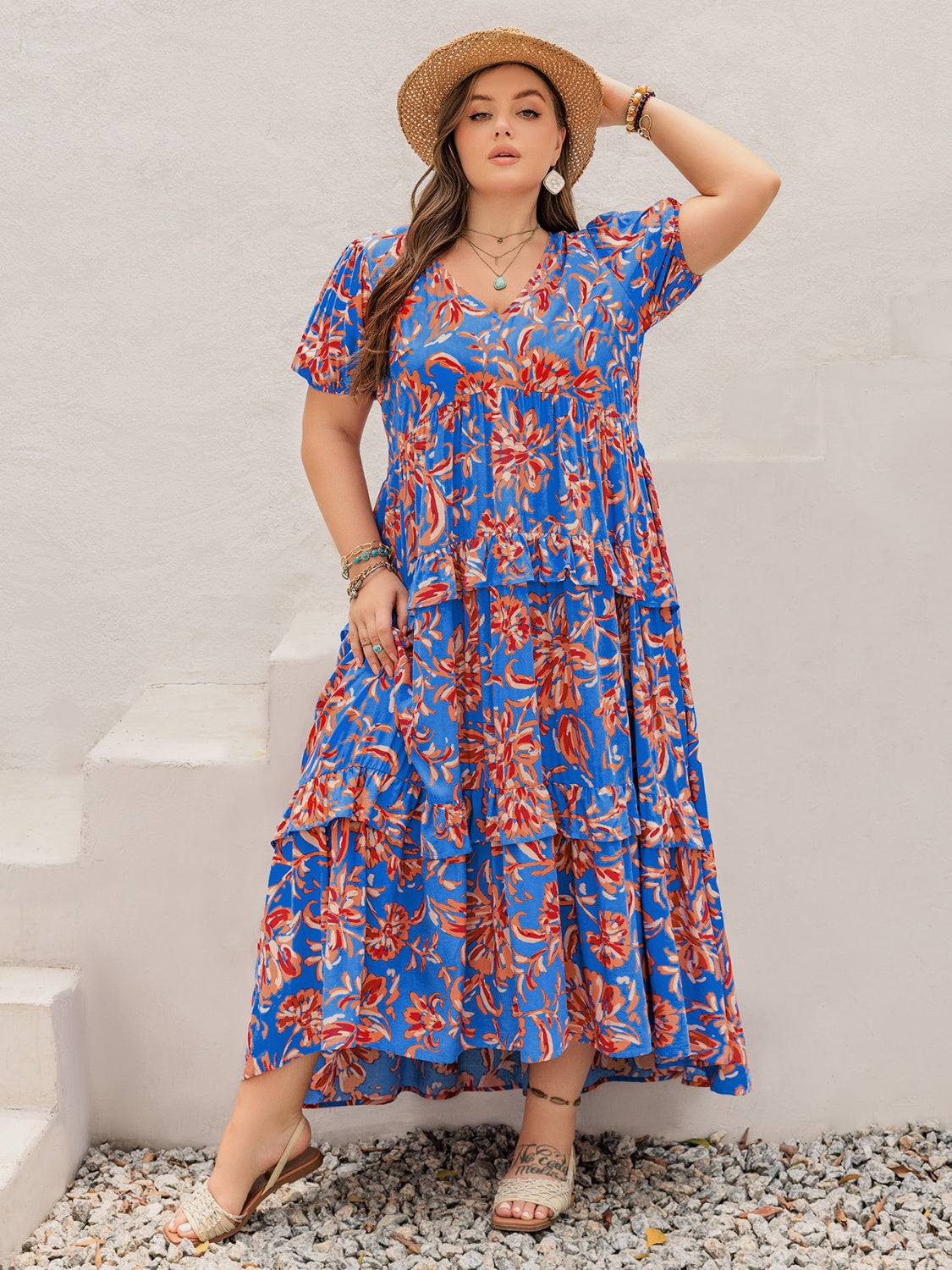 Plus Size Ruffled Printed V-Neck Short Sleeve Maxi Dress Blue