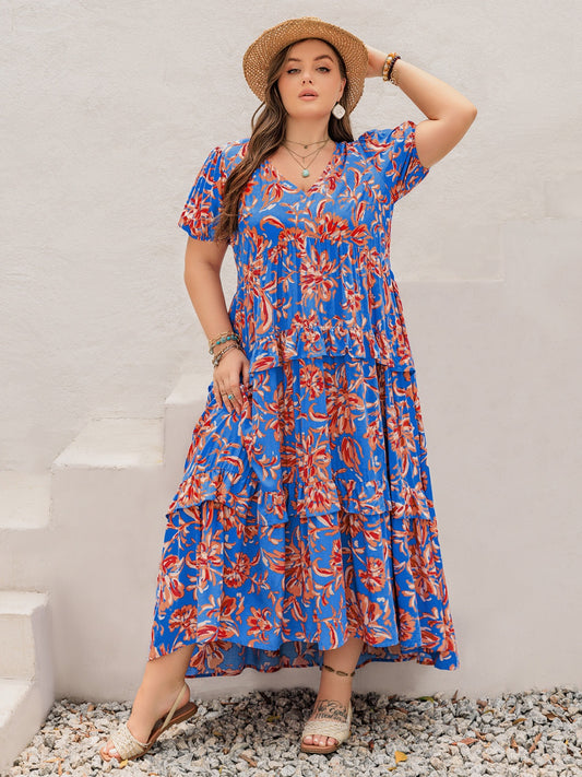 Plus Size Ruffled Printed V-Neck Short Sleeve Maxi Dress Blue