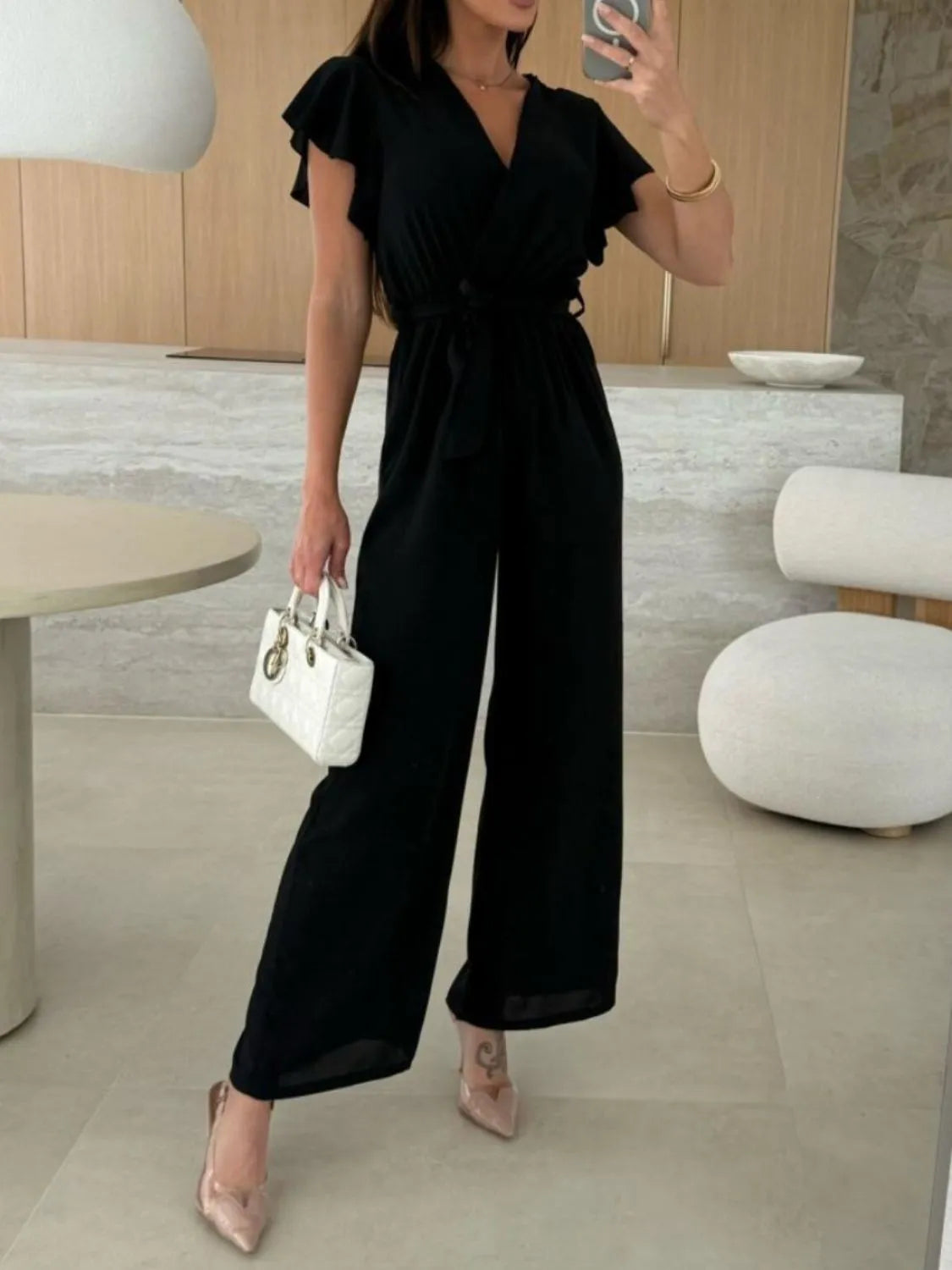 Tied Ruffled Wide Leg Jumpsuit Black