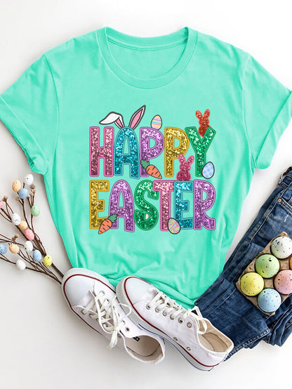 HAPPY EASTER Round Neck Short Sleeve T-Shirt Aqua