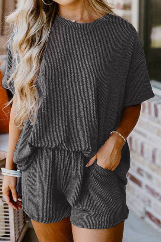 Textured Round Neck Top and Shorts Set Dark Gray