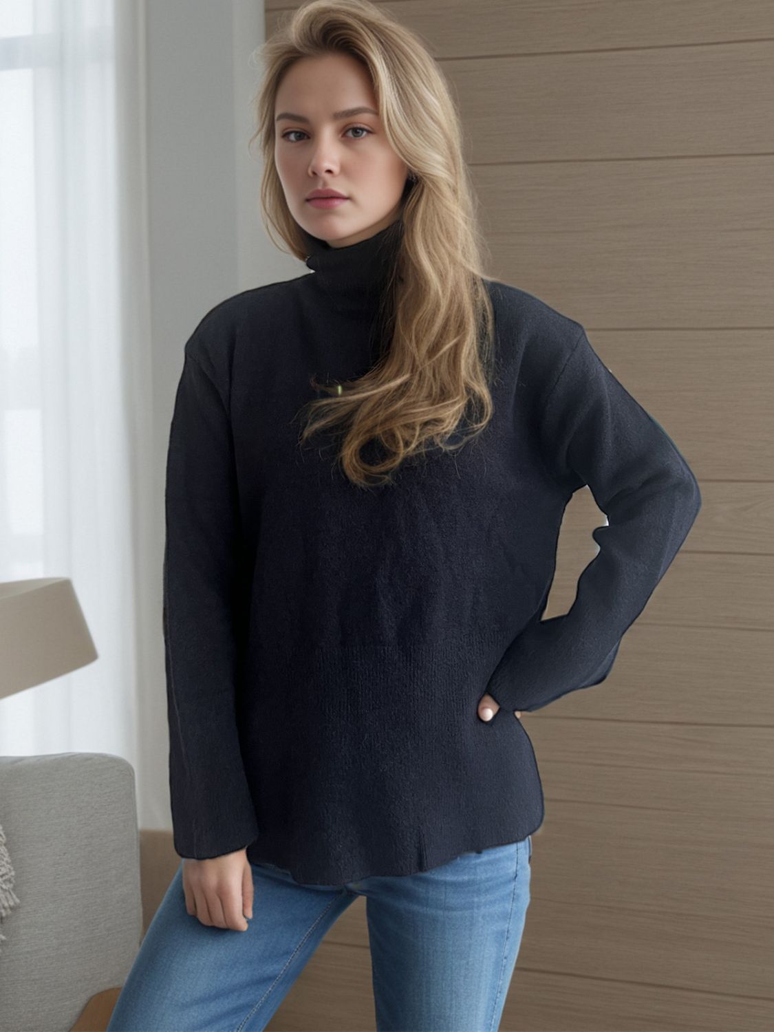 Side Slit Turtleneck Long Sleeve Sweater Black One Size