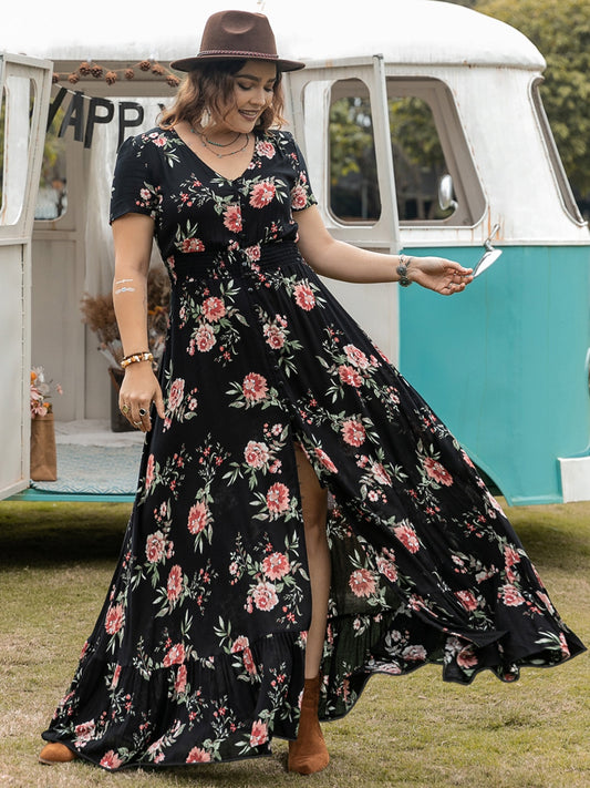 Plus Size Button Detail Printed V-Neck Short Sleeve Maxi Dress Black