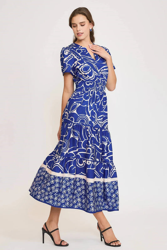 Umgee Full Size Printed Notched Short Sleeve Tiered Dress Plus Size