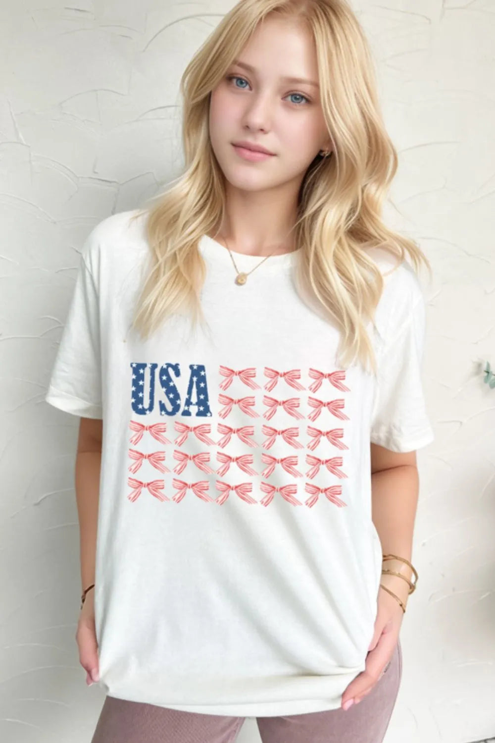 USA Flag Bow Knot Print Round Neck T Shirt White