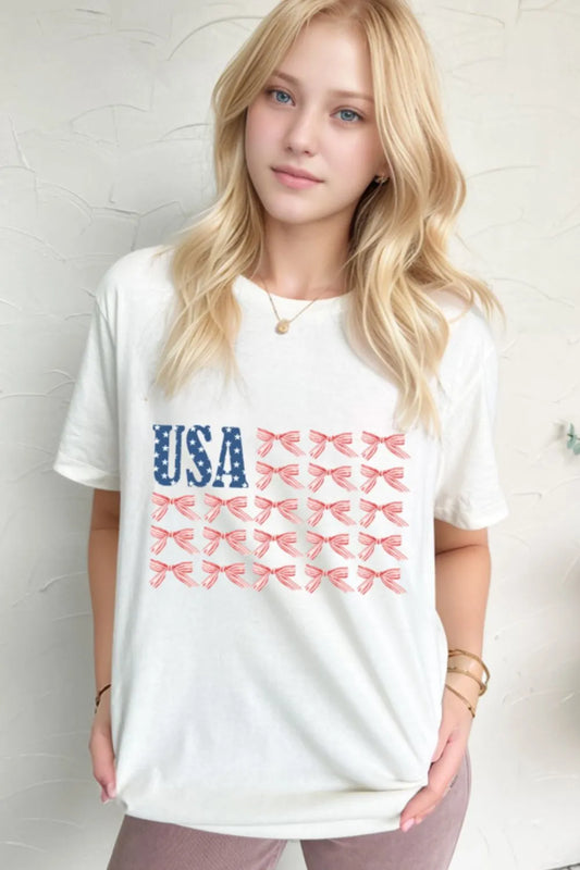 USA Flag Bow Knot Print Round Neck T Shirt White