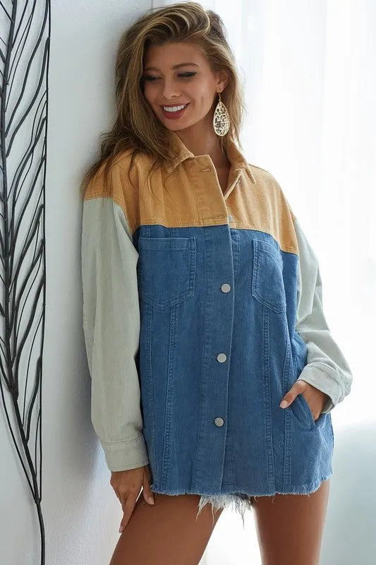 BiBi Color Block Button Down Corduroy Jacket Denim