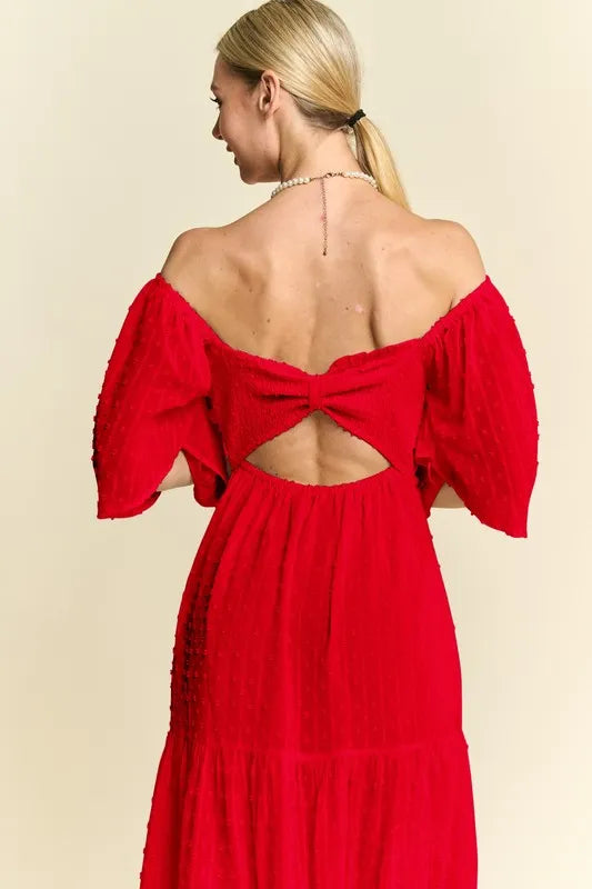 Davi & Dani Swiss Dotted Ruched Ruffle Open Back Midi Dress
