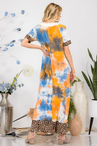 Celeste Full Size Leopard Tie-Dye Button Detail Short Sleeve Maxi Dress Plus Size