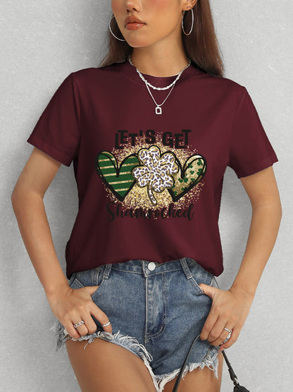 Lucky Clover Round Neck Short Sleeve T-Shirt Burgundy