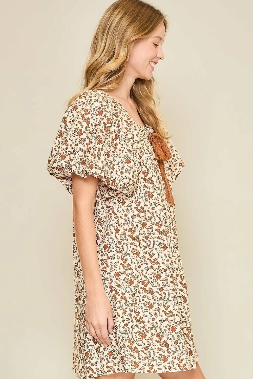 Umgee Full Size Lace Tape Drawstring Floral Puff Sleeve Mini Dress Plus Size