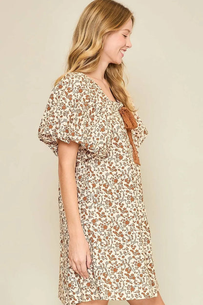 Umgee Full Size Lace Tape Drawstring Floral Puff Sleeve Mini Dress Plus Size