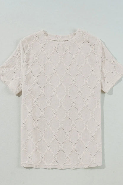 Eyelet Round Neck Short Sleeve Blouse