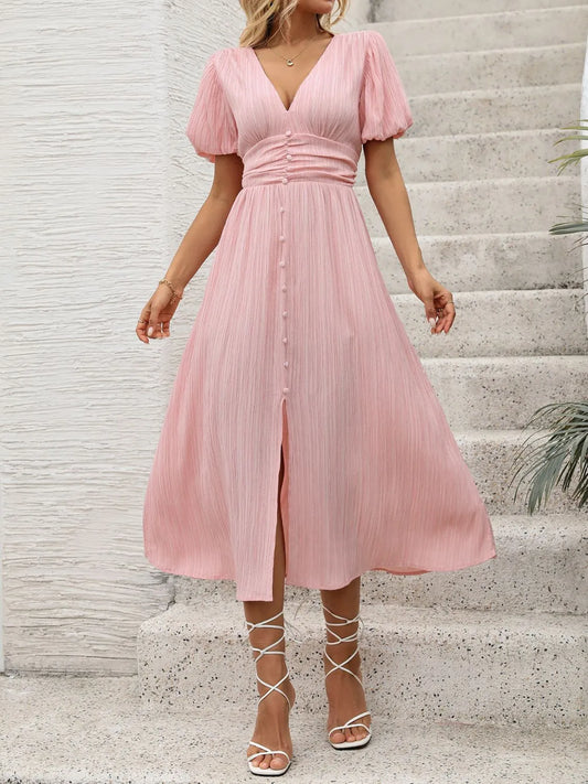 V-Neck Puff Sleeve Dress Blush Pink