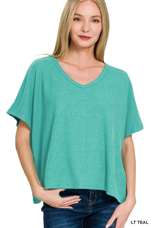 Zenana Ribbed V-Neck Short-Sleeve Knit Top LT TEAL