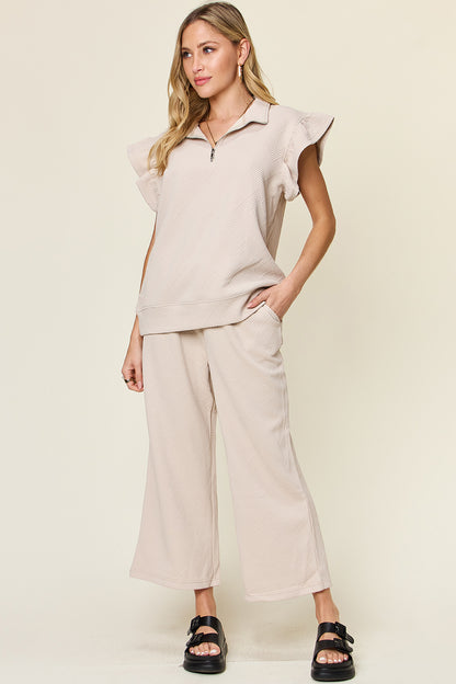Double Take Texture Ruffle Short Sleeve Top and Drawstring Wide Leg Pants Set Dust Storm