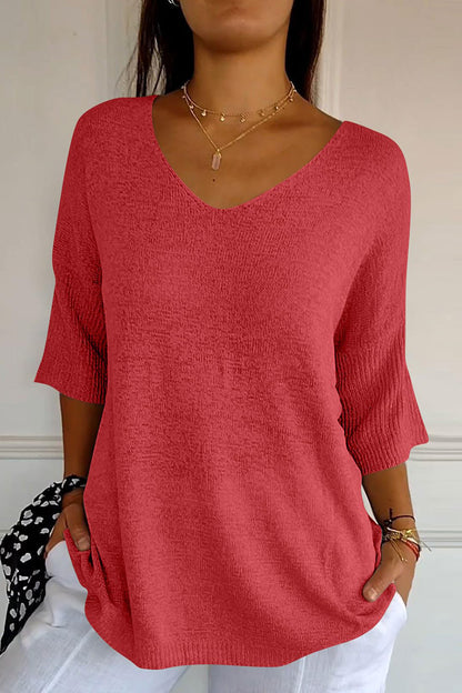 V-Neck Three-Quarter Sleeve Knit Top Strawberry One Size