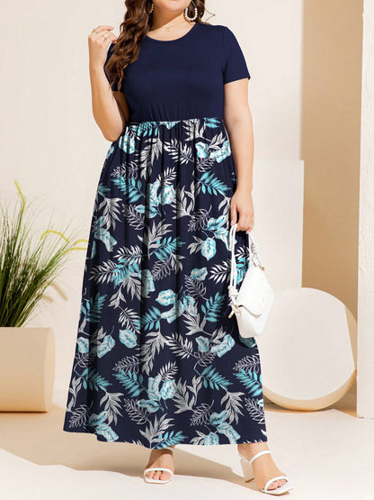 Plus Size Printed Round Neck Short Sleeve Maxi Dress Leaf