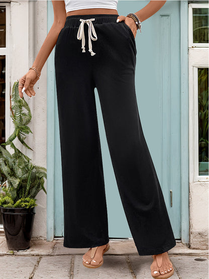 Perfee Drawstring High Waist Straight Pants Black