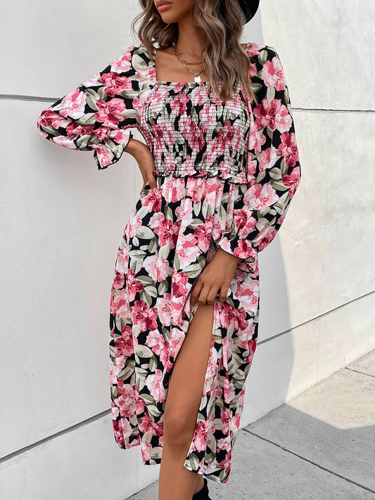 Perfee Slit Smocked Floral Flounce Sleeve Dress Black
