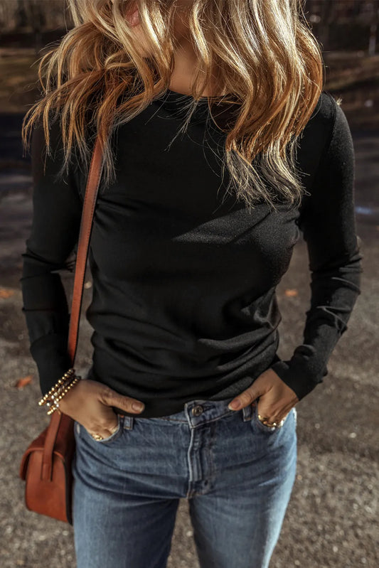 Round Neck Long Sleeve Knit Top Black