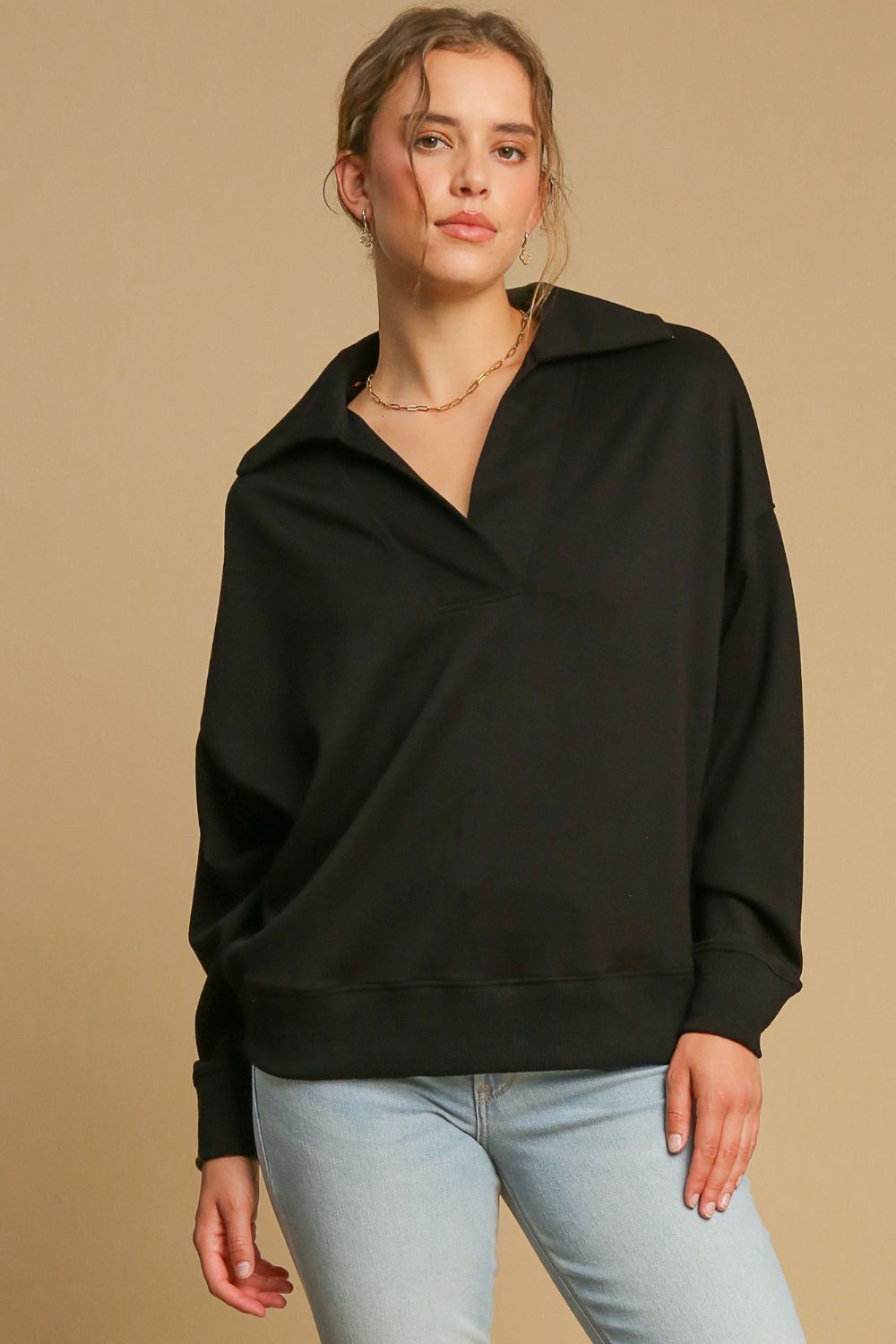 Umgee Johnny Collar Dropped Shoulder Sweatshirt Black