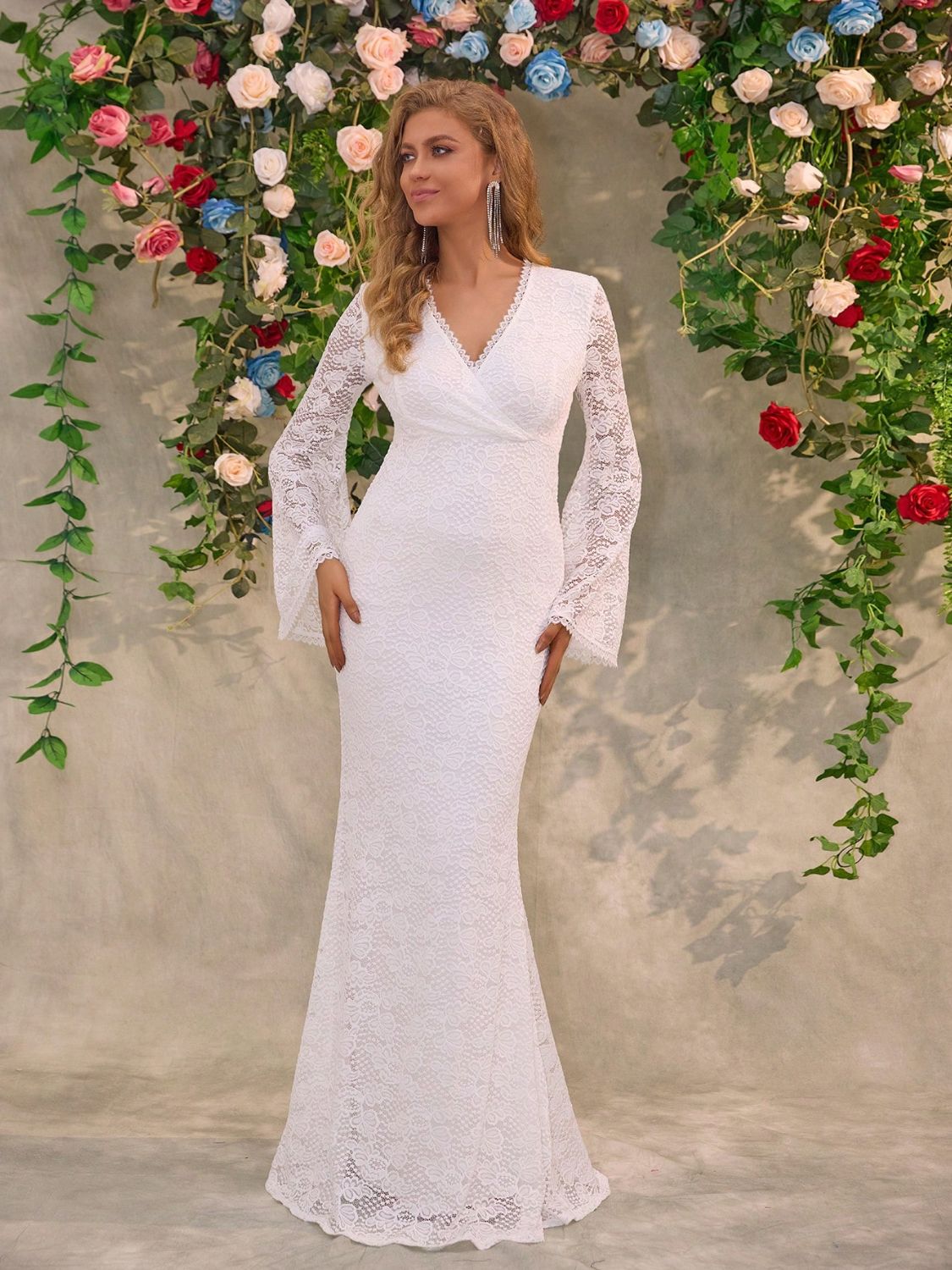 Lace Surplice Flare Sleeve Maxi Dress White