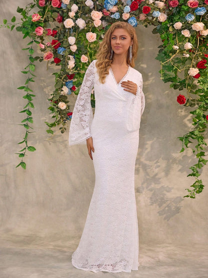 Lace Surplice Flare Sleeve Maxi Dress