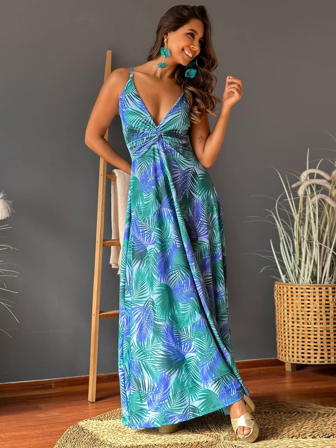 Twisted Printed V-Neck Cami Dress Blue